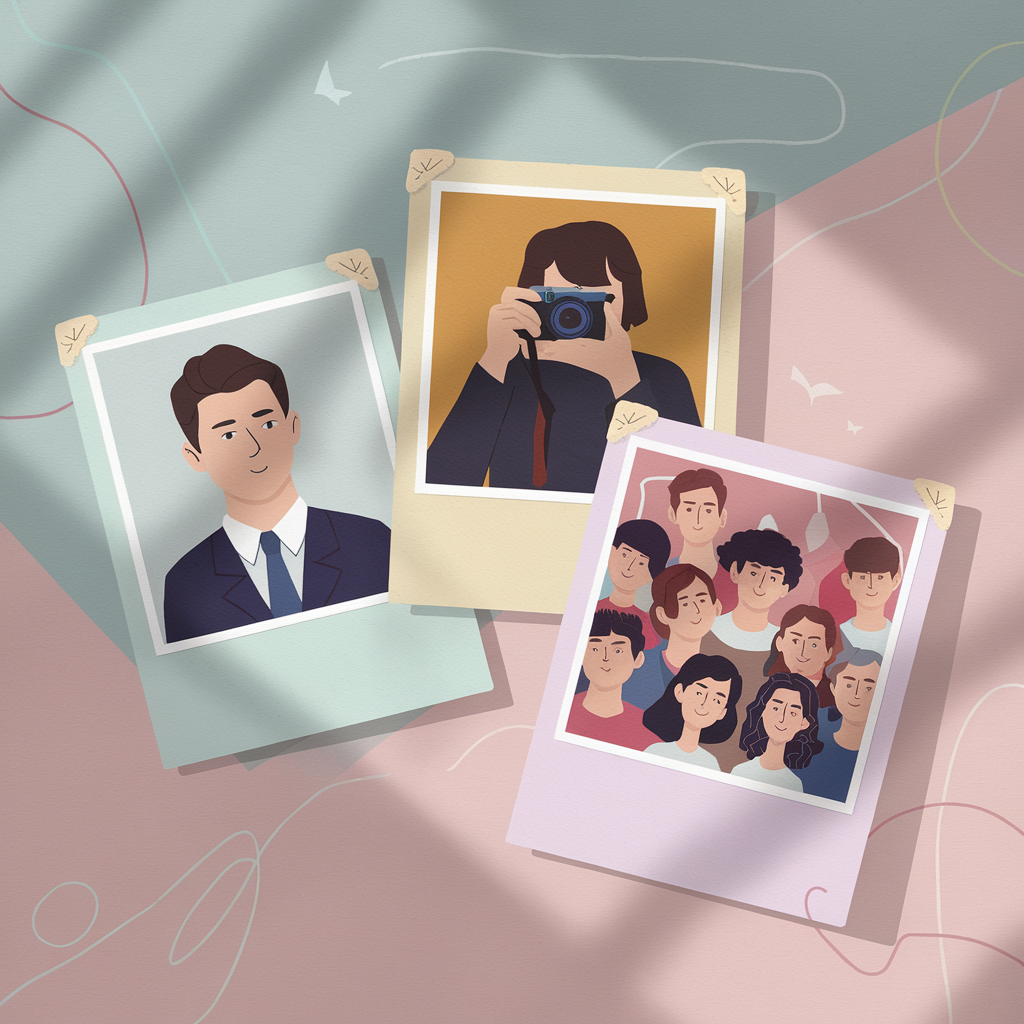 zdjecie-profilowe-co-dziala-najlepiej Ilustracja przedstawiająca trzy fotografie: pierwsza z profesjonalnym portretem mężczyzny w garniturze, druga z osobą trzymającą aparat fotograficzny w trakcie realizacji hobby, trzecia z grupą ludzi na wspólnym zdjęciu. Zdjęcia leżą na pastelowym tle z delikatnymi ozdobami, podkreślając różnorodność zdjęć profilowych i wskazując, które mogą działać najlepiej na portalach randkowych.